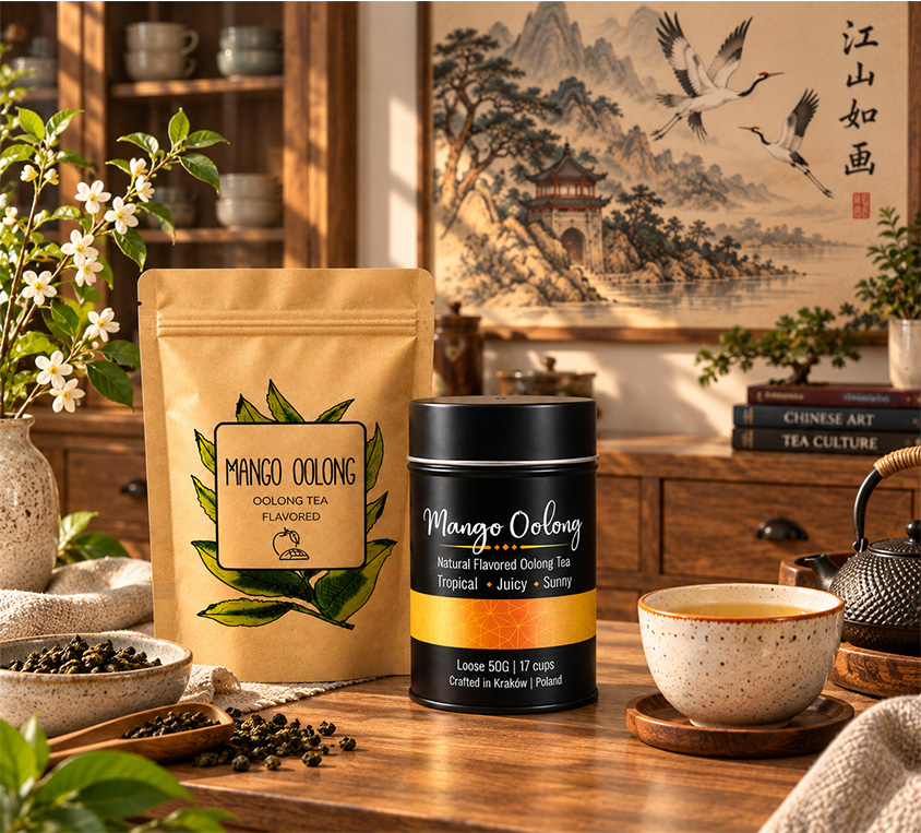 Mango Oolong Leo Tea – warianty opakowań: metalowa puszka, kubek tekturowy i doypack